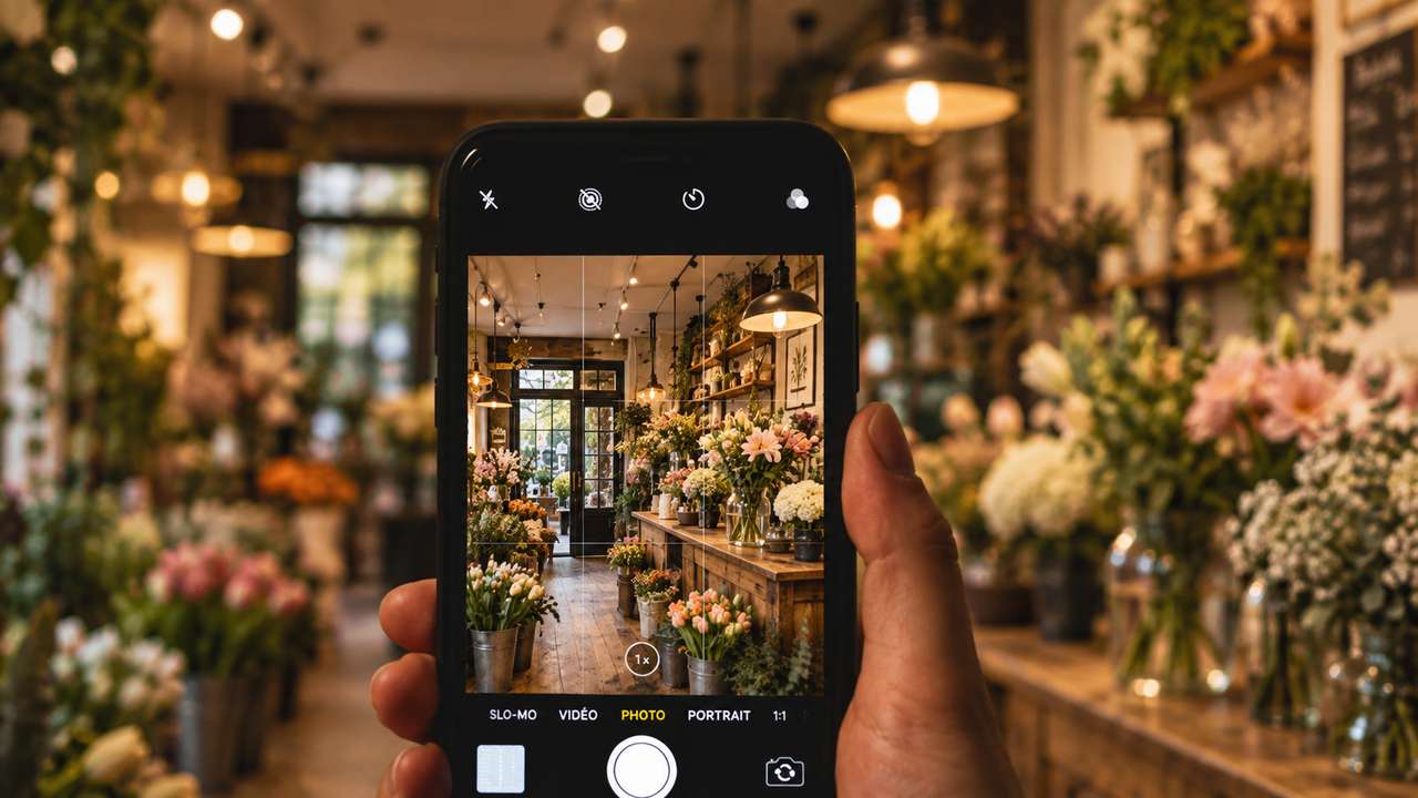 Téléphone photographiant l’intérieur d’une boutique de fleuriste