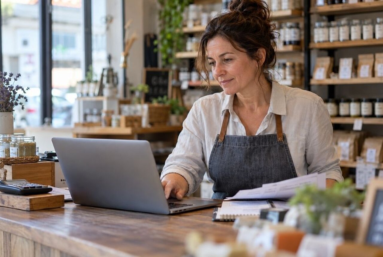 Commerçante consultant ses factures électroniques dans sa boutique