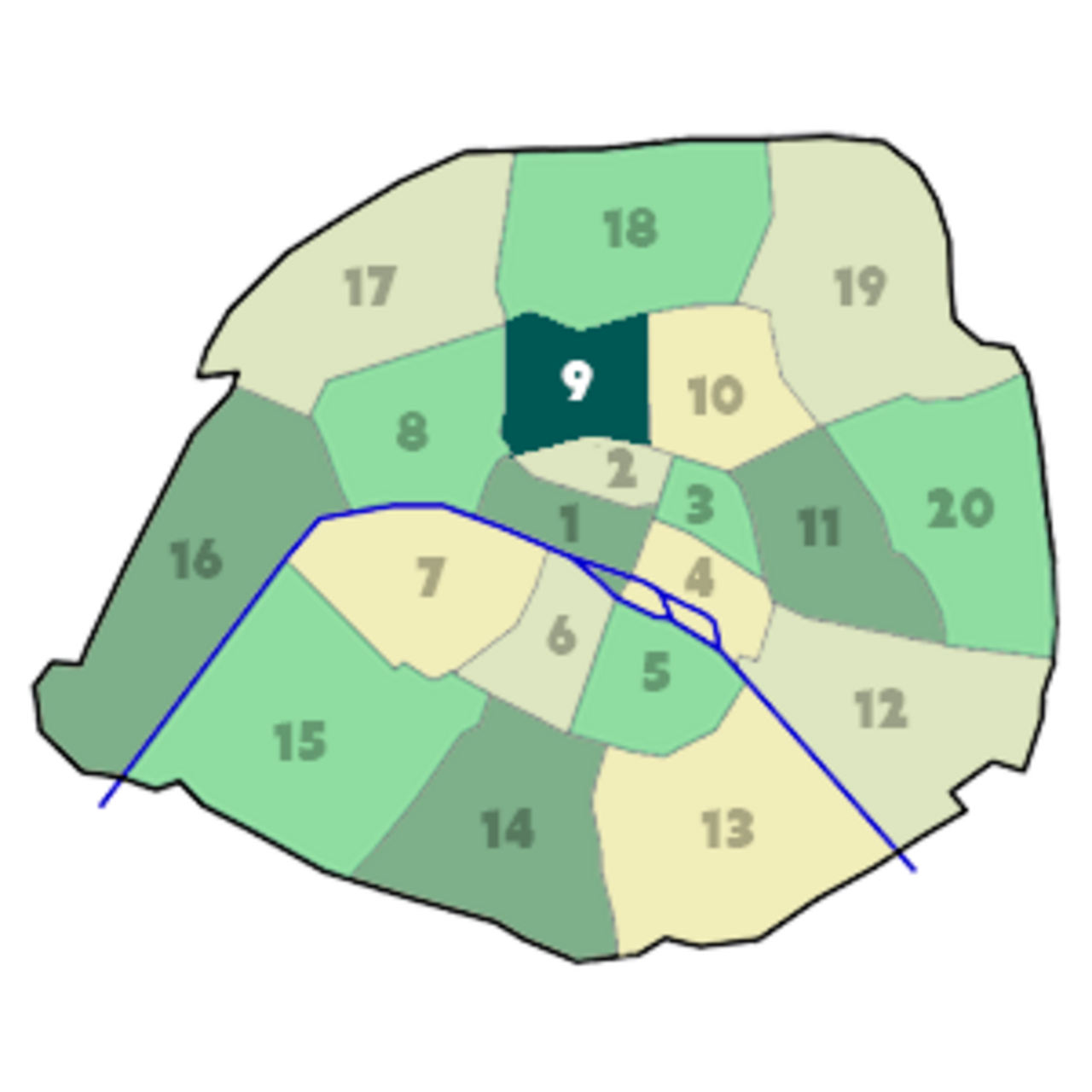 Position du 9e arrondissement dans Paris