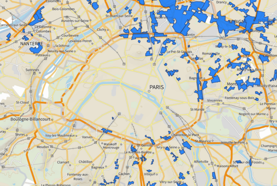 Carte des quartiers prioritaires de la ville de Paris bénéficiant des exonérations fiscales