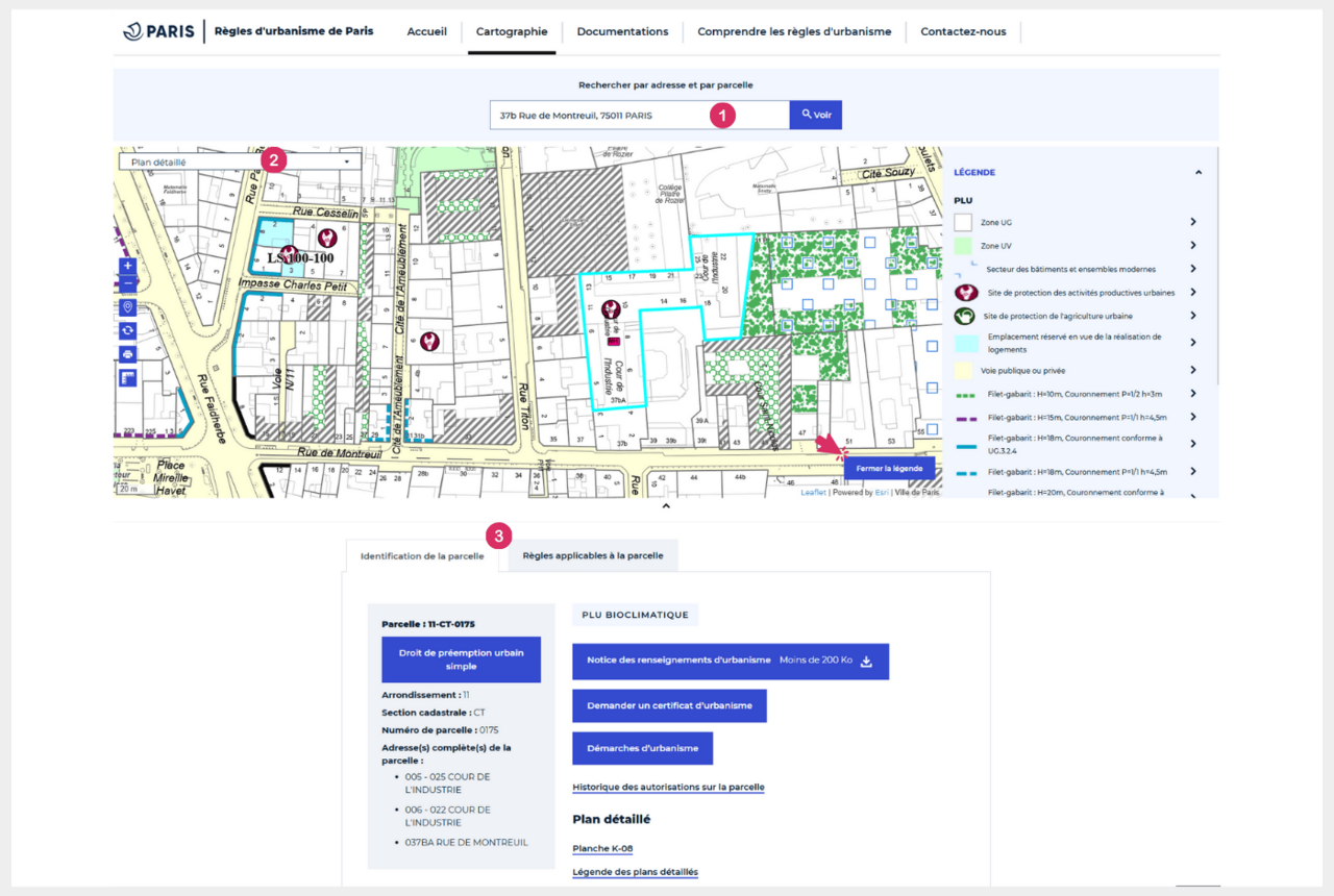 Carte interactive du portail des règles d'urbanisme de Paris