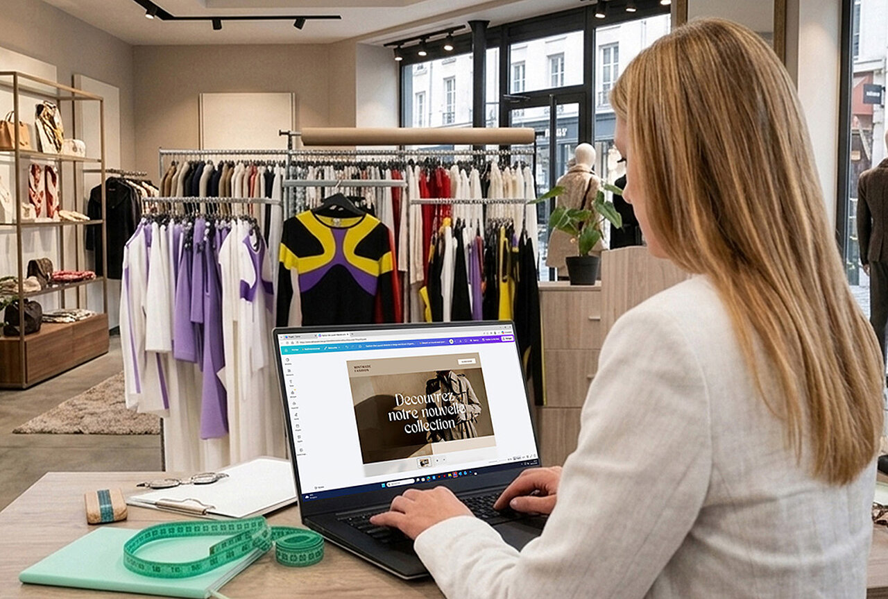 Commerçante utilisant Canva pour les créations graphiques de sa communication